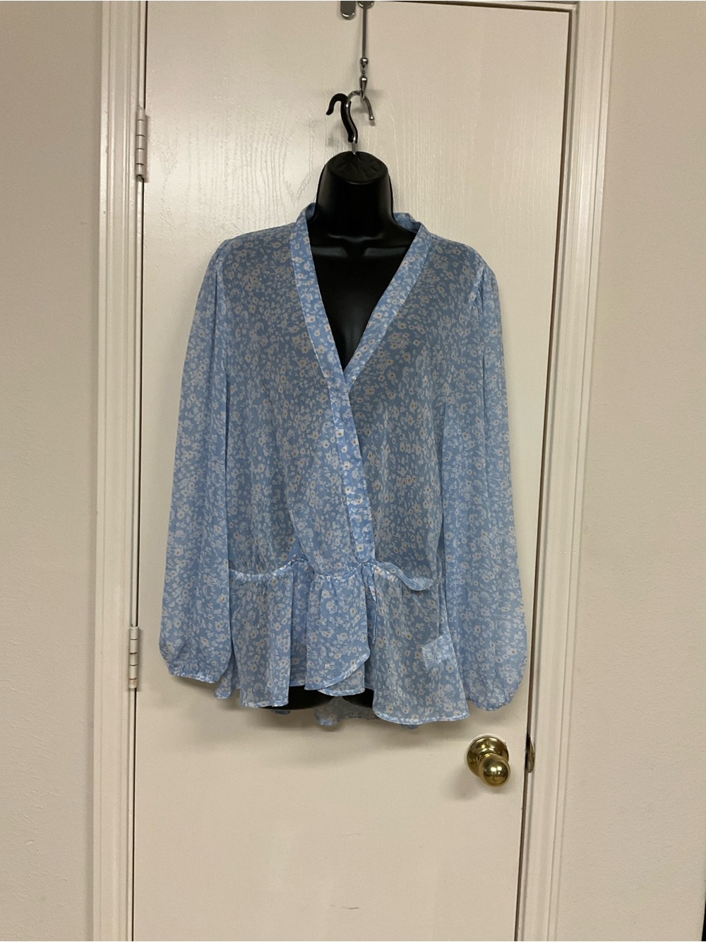 Salo La Fille Light Blue Floral Button-Front Peplum Blouse by